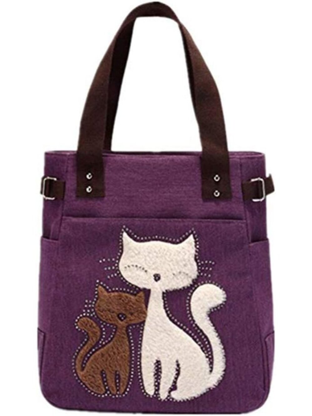 Canvas Tote Handbag for Women Cute Cat Embroidery Shoulder Purse Large Zipper Tr